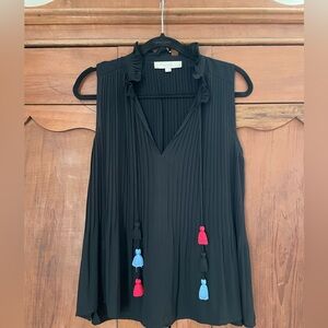LOFT Black Pleated Blouse with Colorful Tassels